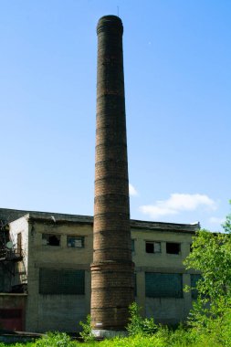 Eski kapalı bir fabrikanın yüksek tuğlaları. Çevre kavramı. Eski kirli bitkilerin gömülmesi.