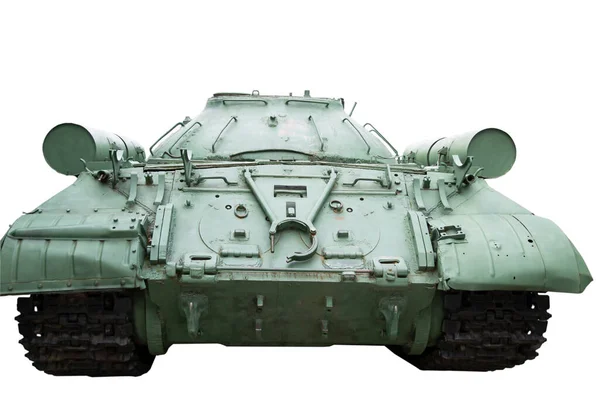 Rus tankının arkasında beyaz bir arka plan, silahlar ve savaş. — Stok fotoğraf