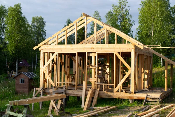 construction of frame houses in russia. energy saving houses. modern tendencies. copy space.