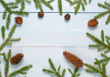 Yılbaşı konisi olan bir Noel ağacının dalları tahtadaki beyaz-mavi arka planda. Düz konum, üst görünüm, kopyalama alanı.