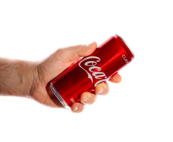 Arkhangels Rusia 2020 Mano Fuerte Hombre Sosteniendo Lata Coca Cola — Foto de Stock