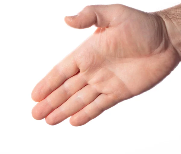 Zbliżenie Męskiej Dłoni Otwartą Dłonią Gotową Powitania Uściskiem Dłoni Białym — Zdjęcie stockowe