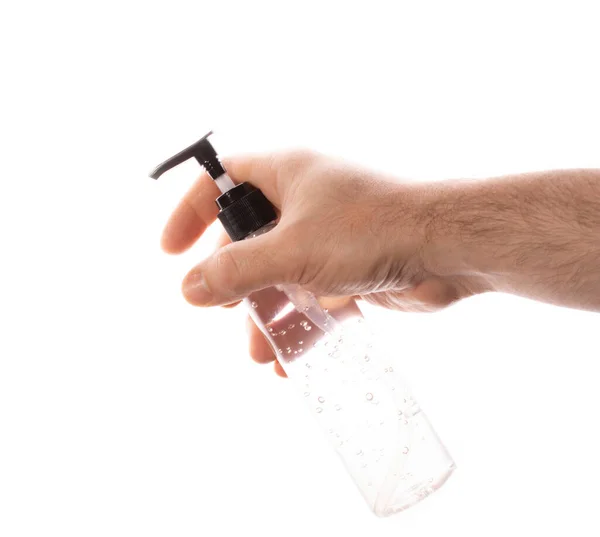 Man Hand Holds Antiseptic Gel Transparent Plastic Bottle White Background — Stock Photo, Image