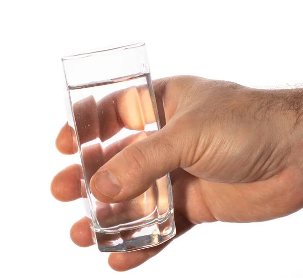 Close Mão Homem Dando Copo Água Limpa Transparente Sobre Fundo — Fotografia de Stock