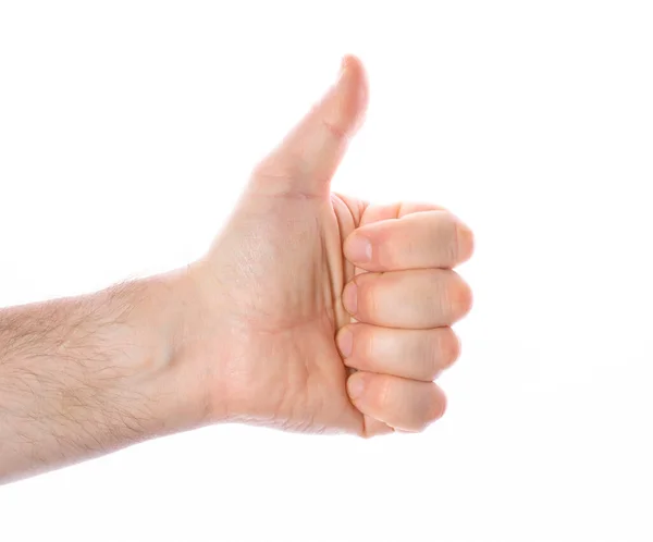 Primer Plano Mano Hombre Con Pulgar Levantado Sobre Fondo Blanco — Foto de Stock