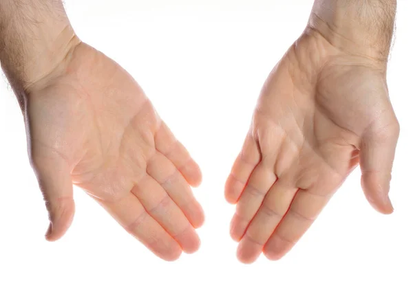Detail muže čisté ruce s otevřenými dlaněmi na bílém pozadí, — Stock fotografie