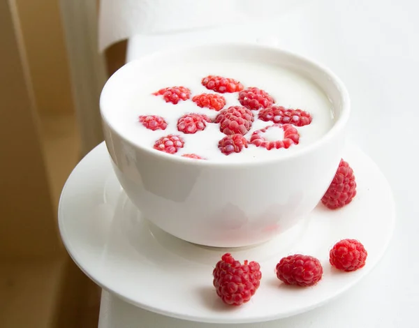 White Mug Milk Raspberries Milk White Background Picking Berries Ecology Stock Image
