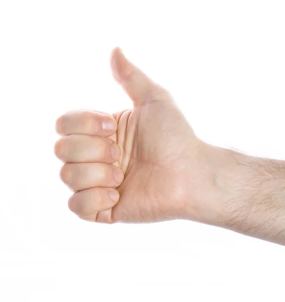 Primer Plano Mano Hombre Con Pulgar Levantado Sobre Fondo Blanco —  Fotos de Stock