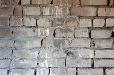 Gri tuğla duvarın arka planı, doku, yazı için yer. Model-model. Boşluğu kopyala.