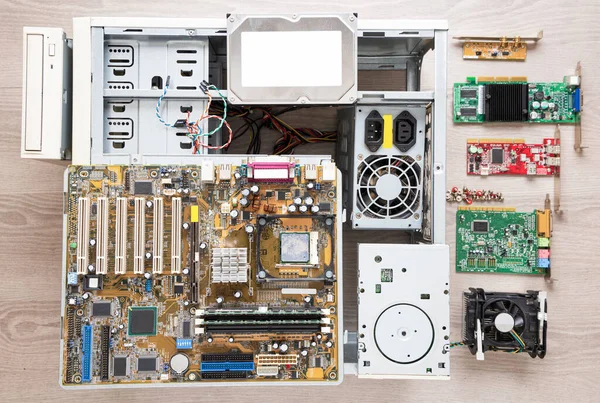 Repairing and assembling a desktop computer. Desktop computer configuration. Top view.