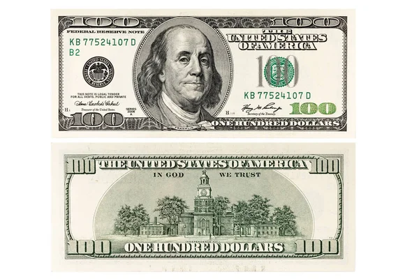 Zbliżenie 100 Dolarów Izolat Białym Tle — Zdjęcie stockowe