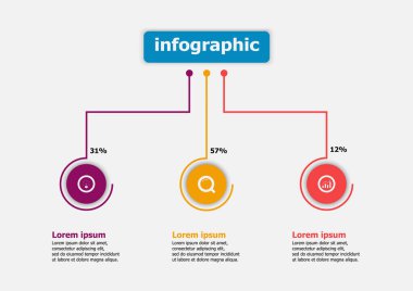 İllüstrasyon için Infographic vektör tasarım şablonu. 3 seçenekli sunum işi bilgi şablonu. Infographic için yaratıcı bir kavram. Düzen, iş akışı, afişler, web tasarımı için kullanılır.