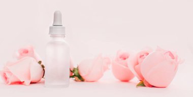 Bebek şişeli pembe gül çiçekleri, kopyalama alanı konsepti