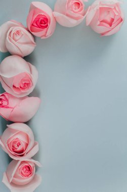 Pembe güllü güzel çiçek kompozisyonu, üst görünüm, kopyalama alanı arkaplanı