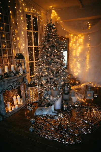 Soirée Chaleureuse Confortable Dans Chambre Noël Design Intérieur Arbre Noël — Photo