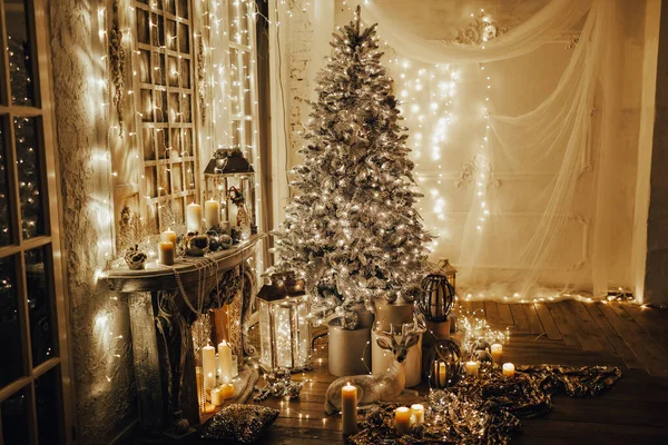 Serata Calda Accogliente Nella Stanza Natale Interior Design Albero Natale — Foto Stock