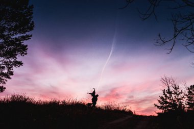 Çiftin silueti gün batımında sahada