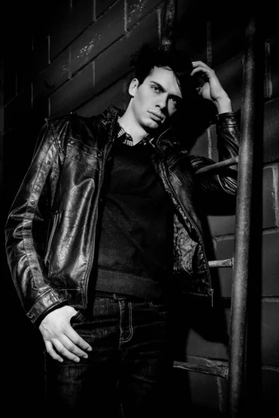 Handsome Model Leather Jacket Posing Wall — Stock Photo, Image