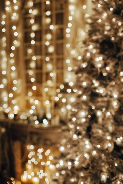 Diseño Interior Habitación Borrosa Árbol Navidad Decorado Con Luces Living — Foto de Stock