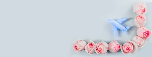Avião Com Flores Rosa Fundo Pastel — Fotografia de Stock
