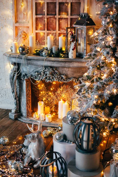 Warm Cozy Evening Christmas Room Interior Design Christmas Tree Decorated — Stock Photo, Image