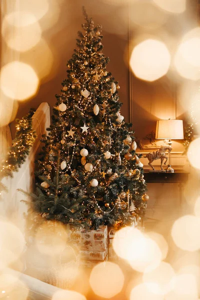 Acogedor Cálido Diseño Interior Habitación Navidad Lujo Árbol Navidad Decorado — Foto de Stock