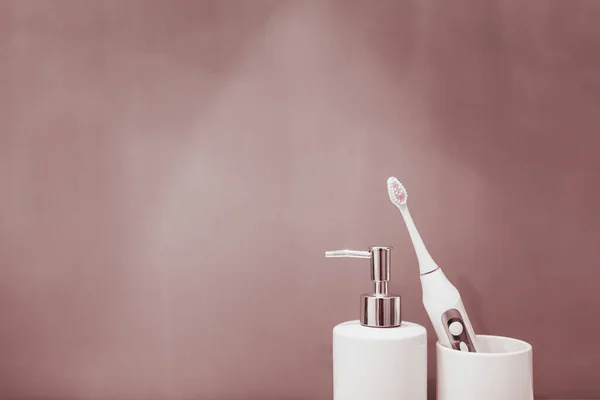 White Ceramic Bathroom Accessories Dispenser Soap Glass Tooth Electric Brush — Stock Photo, Image