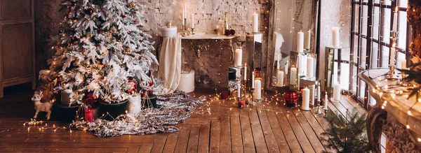 Chaleureuse Soirée Luxe Chambre Noël Design Intérieur Arbre Noël Décoré — Photo