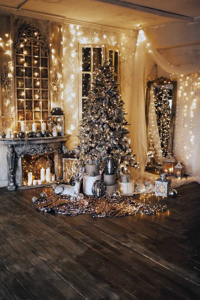 Soirée Chaleureuse Confortable Dans Chambre Noël Design Intérieur Arbre Noël — Photo