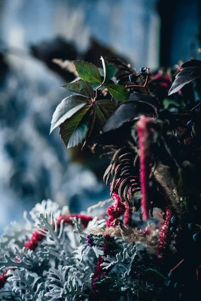 Decoración Oscura Con Flores Secas Jarrones Lámparas Araña Telas Texturizadas — Foto de Stock