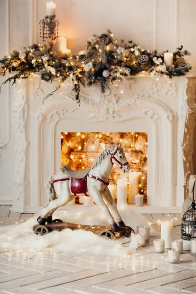 Toy Wooden Rocking Horse Background Blurred Lights Fireplace — Stock Photo, Image