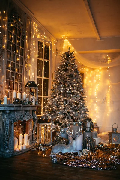 Soirée Chaleureuse Confortable Dans Design Intérieur Noël Arbre Noël Décoré — Photo