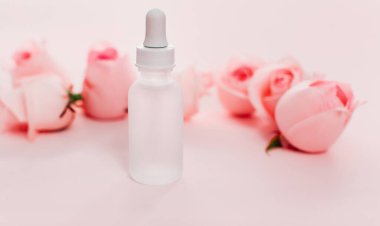 Bebek şişeli pembe gül çiçekleri, kopyalama alanı konsepti