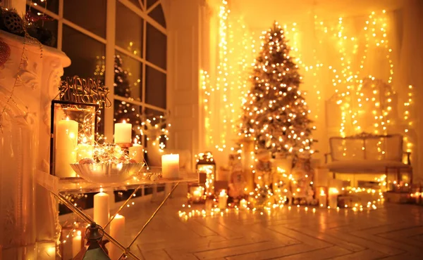 Soirée Chaleureuse Confortable Dans Design Intérieur Noël Arbre Noël Décoré — Photo