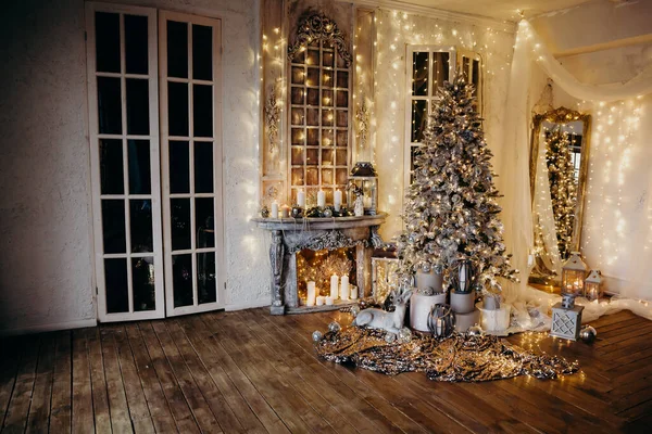 Soirée Chaleureuse Confortable Dans Design Intérieur Noël Arbre Noël Décoré — Photo