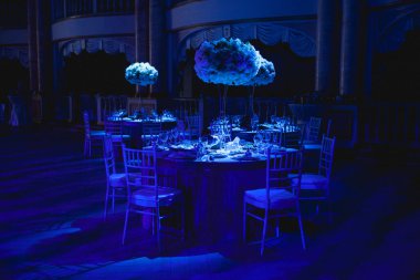 Lüks bir düğün odası. Işıklı, masalı ve sandalyeli. 