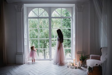 Anne ve kızı büyük beyaz bir pencerenin yanında güzel pembe şifon elbiseler içinde klasik dekore edilmiş bir odada duruyorlar.