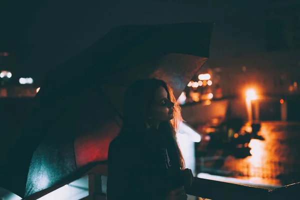 Beautiful Young Lonely Blonde Girl Standing Road Umbrella Night Street — Stock Photo, Image