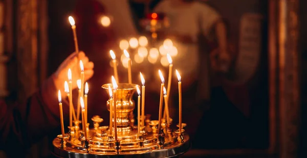 Burning Candles Stand Church — Stock Photo, Image