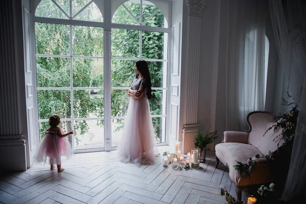 Anne ve kızı büyük beyaz bir pencerenin yanında güzel pembe şifon elbiseler içinde klasik dekore edilmiş bir odada duruyorlar.