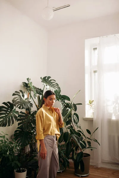 Güzel, çekici ve şık bir kadın evde poz veriyor. 