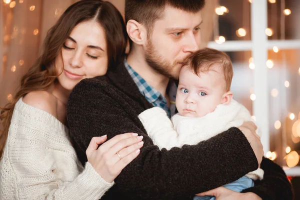 Happy Family Son Arms Cozy Sweaters Stand Background Window Transparent — Stock Photo, Image