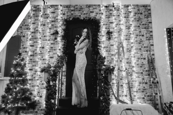 Gece elbisesi içinde makyaj yapmış güzel bir kadının portresi ışıkların arkasında duruyor.