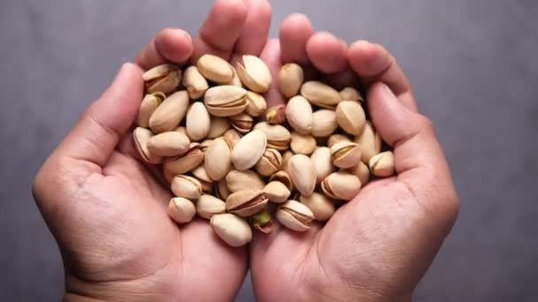 Pistachos tuerca en la palma del hombre mano arriba hacia abajo — Vídeos de Stock