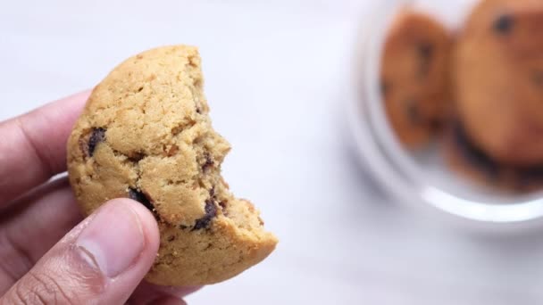 Mano celebración de galletas de chocolate chip de cerca — Vídeos de Stock