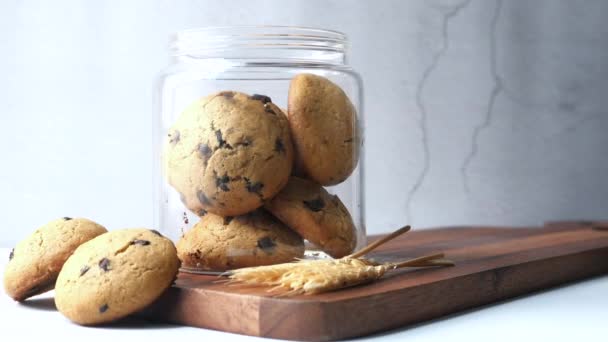 Tarro lleno de galletas de chispas de chocolate sobre fondo blanco — Vídeos de Stock