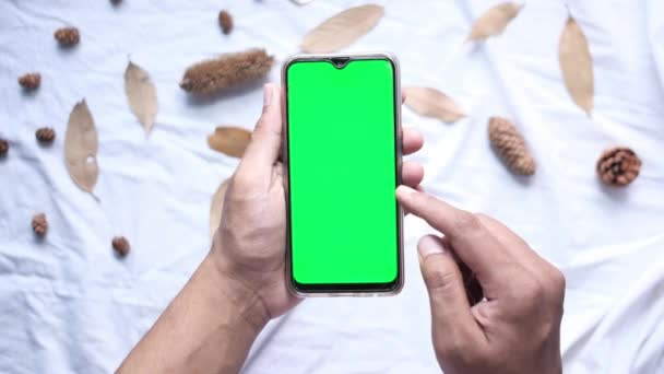 Använda smarttelefon med grön skärm, närbild — Stockvideo