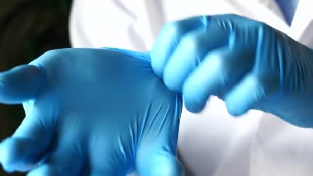 Mężczyzna lekarz nosi medyczne rękawiczki, zbliżenie — Wideo stockowe