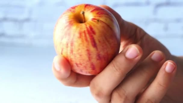 Red ripe apple on women hand, isolated on white . — Stock Video