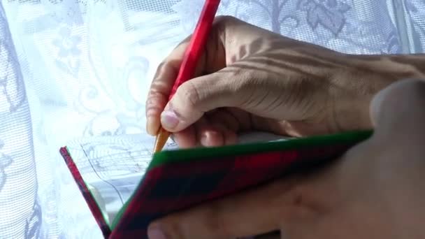 Close-up van vrouwen handschrift op notitieblok. — Stockvideo